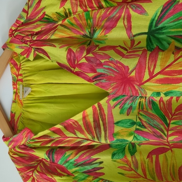 Magaschoni Vibrant Tropical PrintLinen Resort Wear BeachyV-Neck A Line MiniDress - Picture 3 of 8